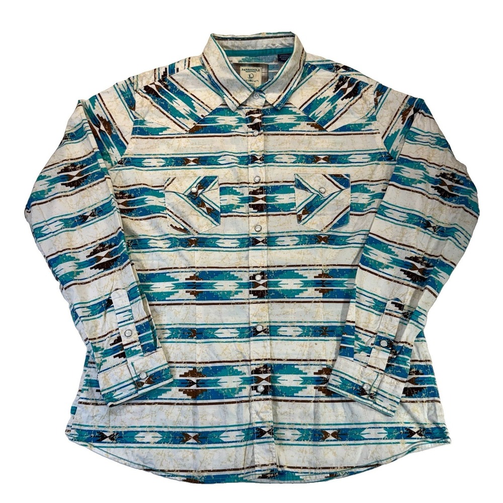 Panhandle Rough Stock Women's Large Pearl Snap Long Sleeve Shirt Western Aztec